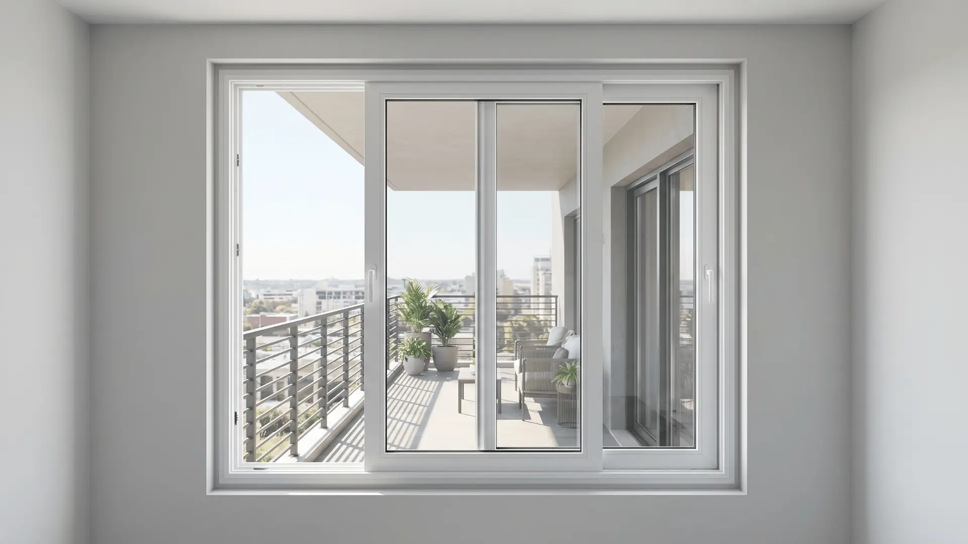 PVC sliding window with one glass panel open on a horizontal track