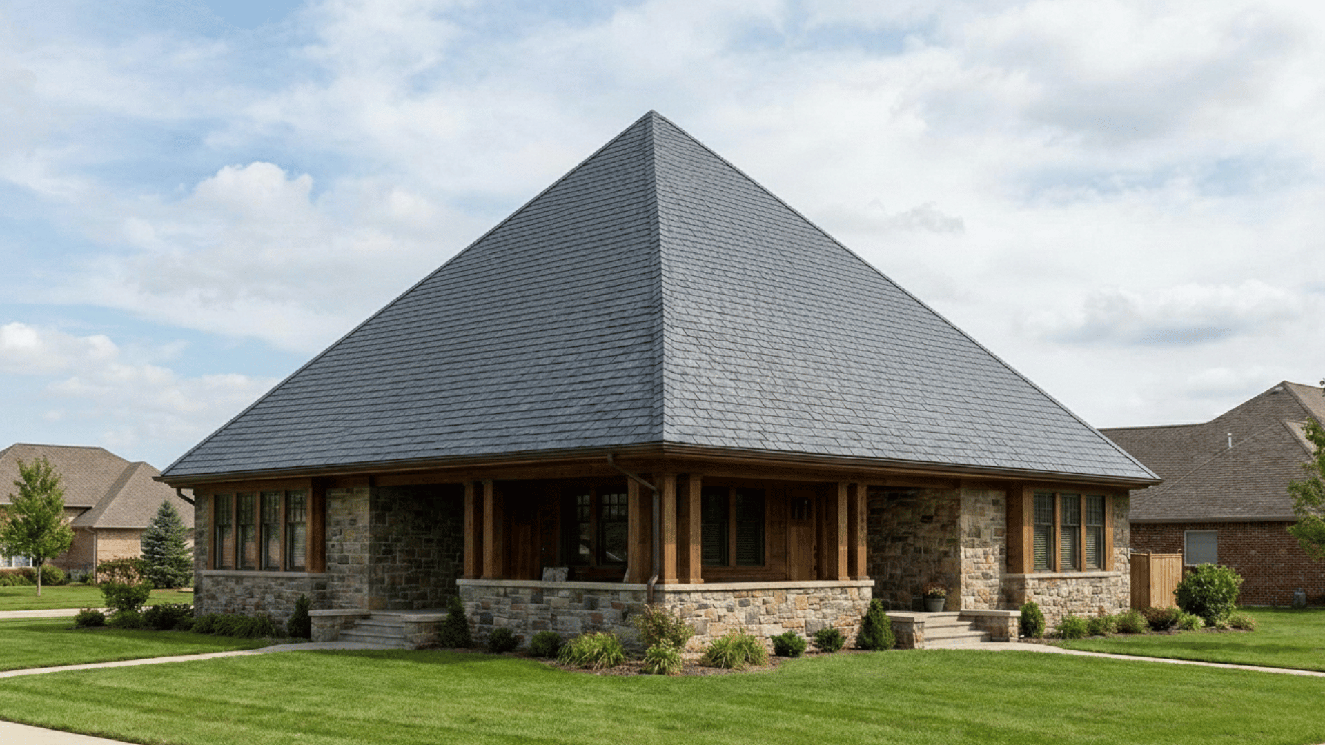 pyramid hip roof with four triangular sides meeting at peak