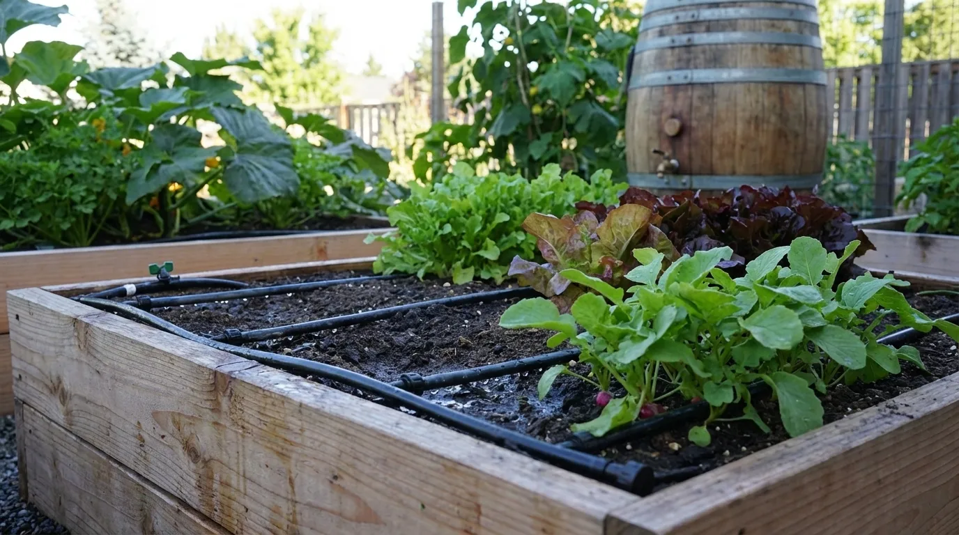 Raised garden bed with drip irrigation system and rainwater collection barrel in the background.