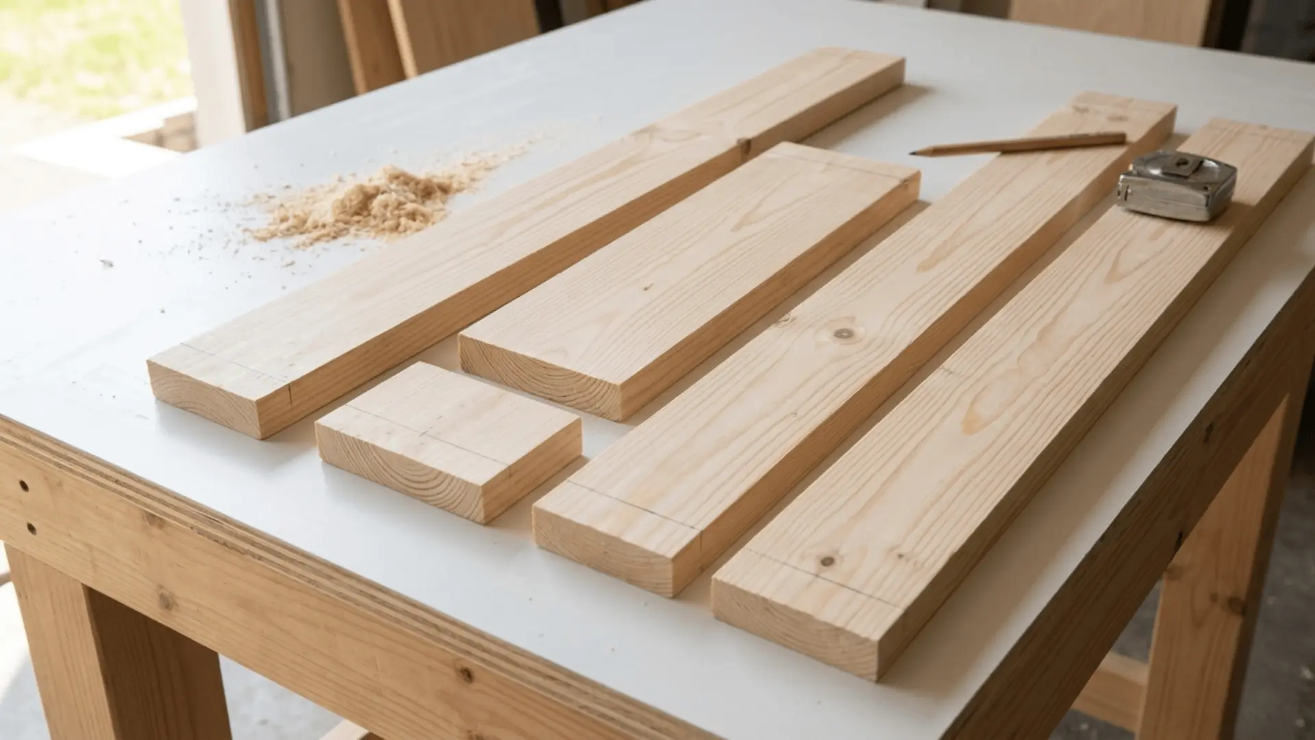 Raw 1x3 and 1x4 pine boards laid on a workbench with a tape measure, pencil, and sawdust, ready for cutting.