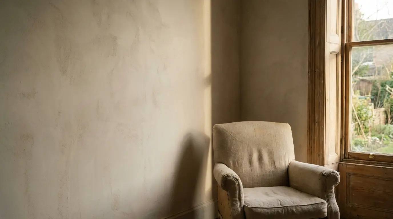 Worn armchair in cozy room with natural light from wooden-framed window