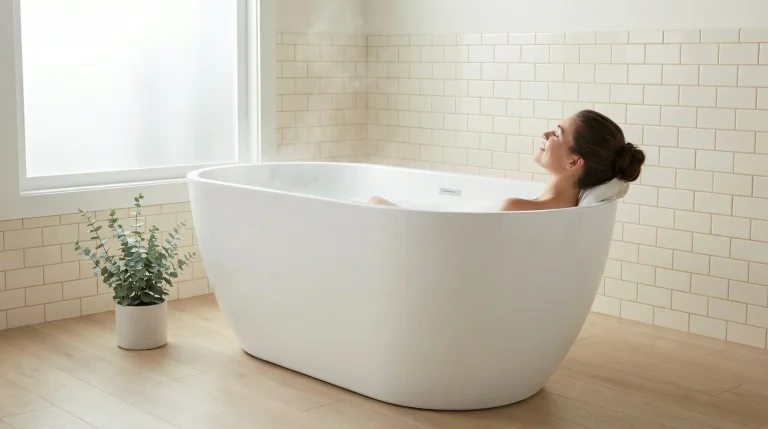Person relaxing in a white bathtub with steam in a bright tiled bathroom