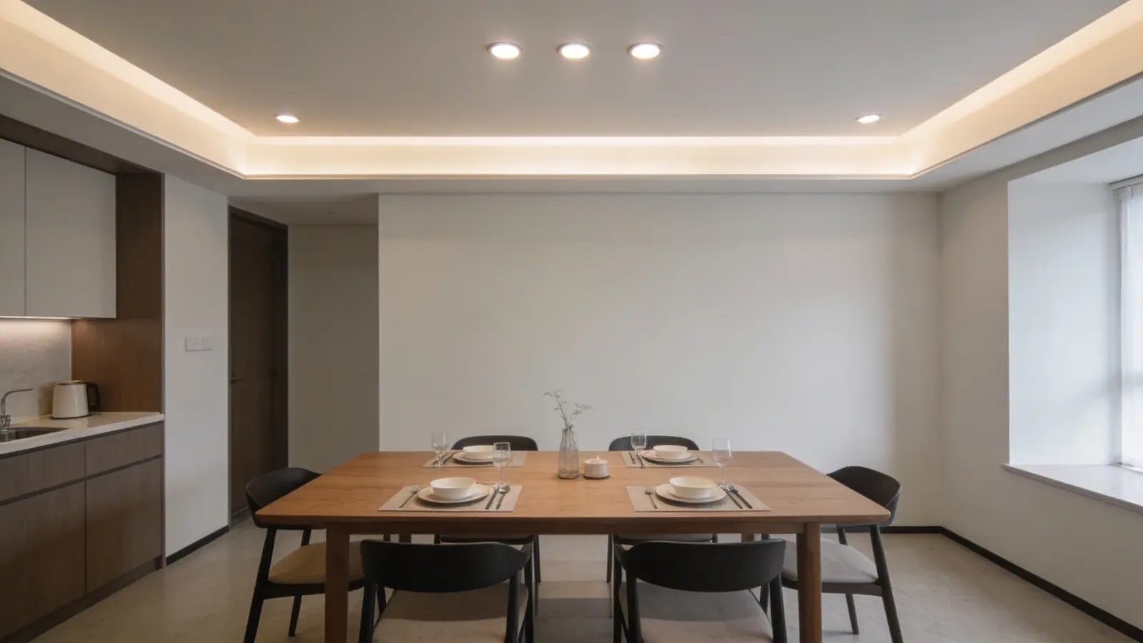 Recessed ceiling lights lighting a dining table without hanging fixtures