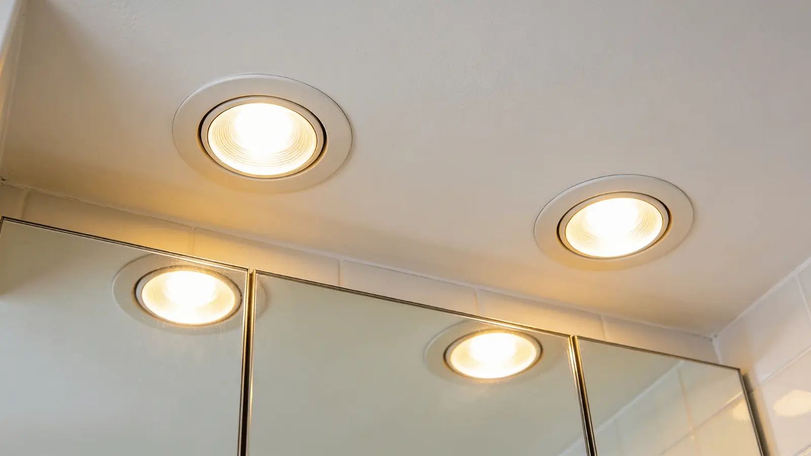 Recessed lights positioned above a bathroom mirror and sink