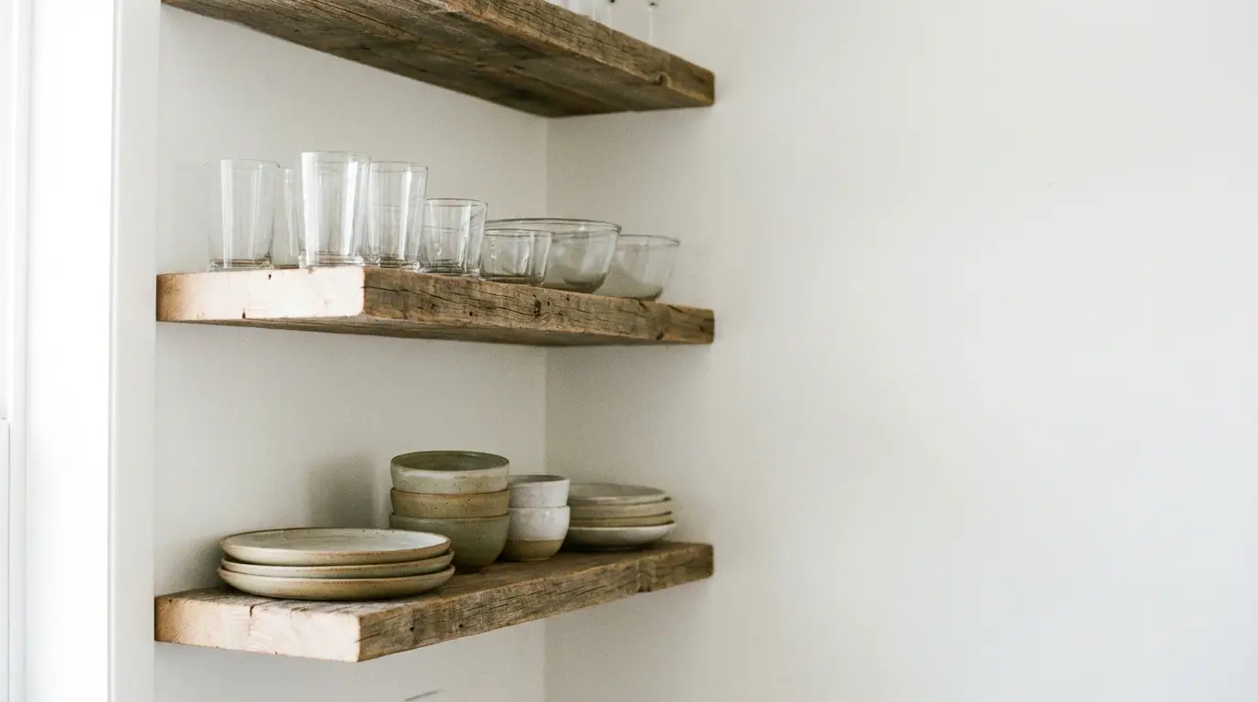Rustic wooden shelves with stacked ceramic plates and clear glassware in a minimalist kitchen