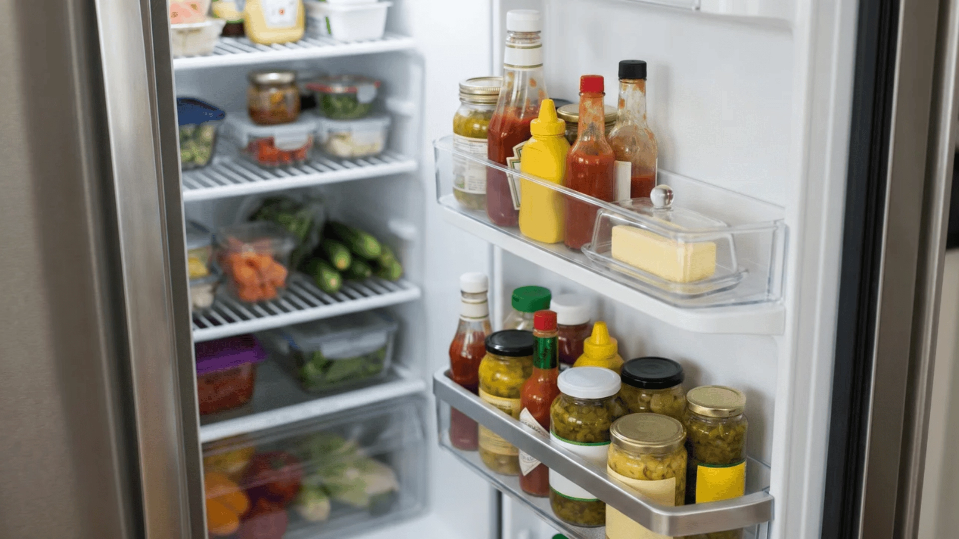 Refrigerator door shelves storing condiments and butter