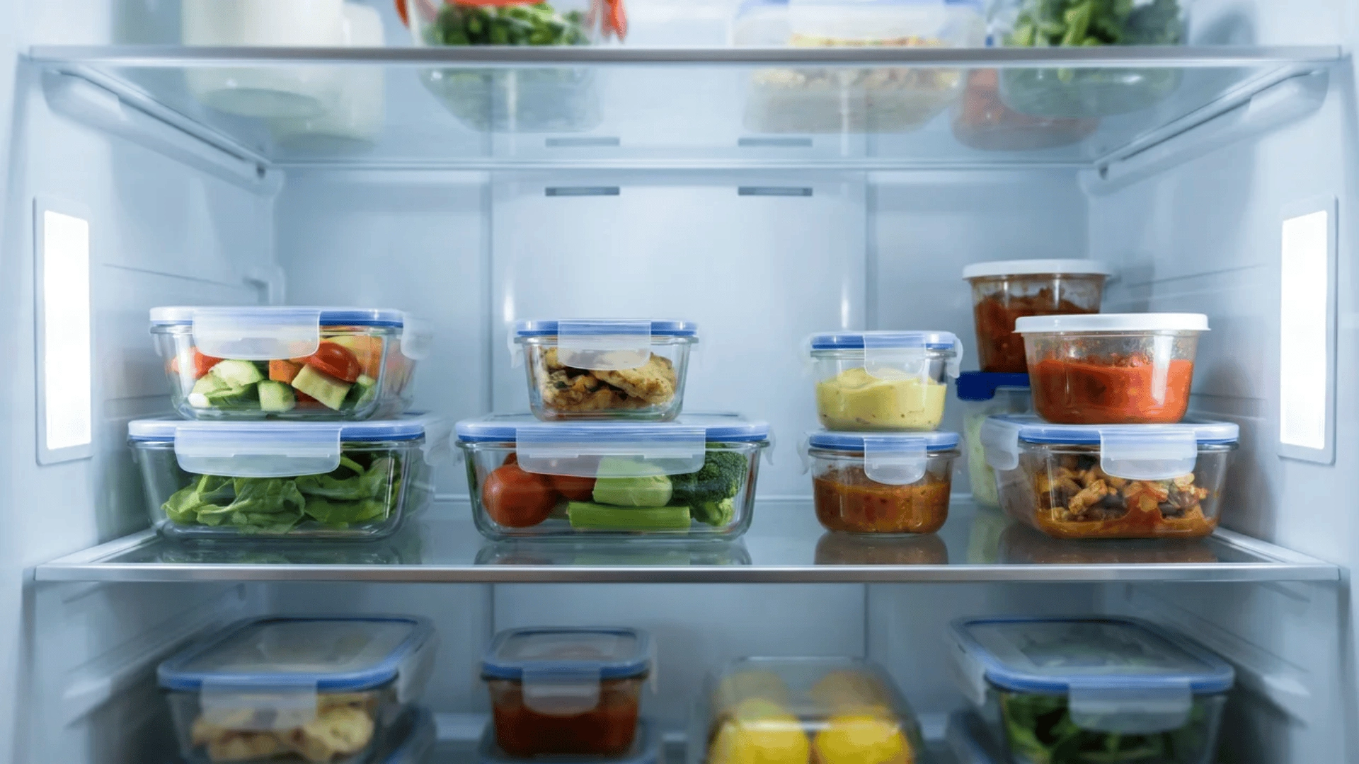 Refrigerator shelf with spaced containers allowing airflow