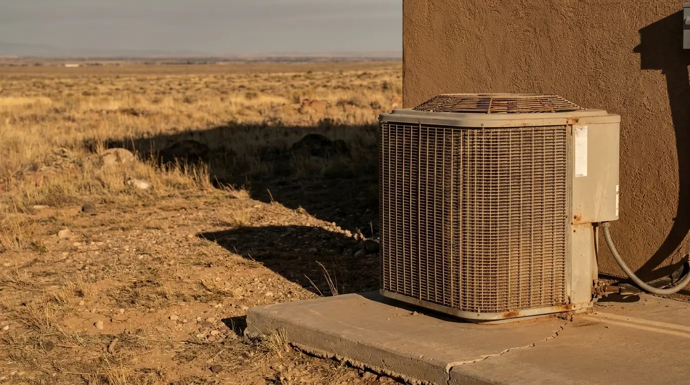 Outdoor air conditioning unit beside stucco wall in arid desert landscape under warm sunlight