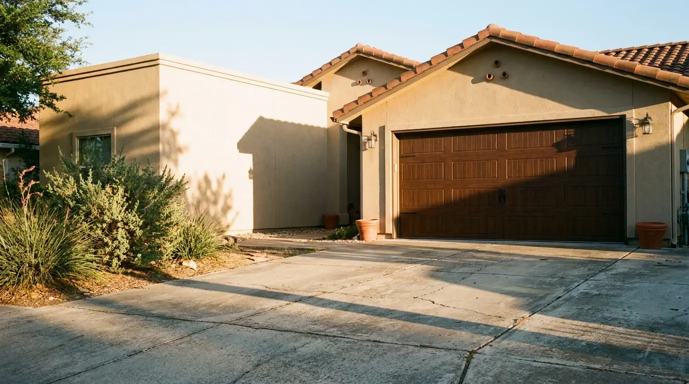 Spanish-style house facade with wooden garage door in warm afternoon light