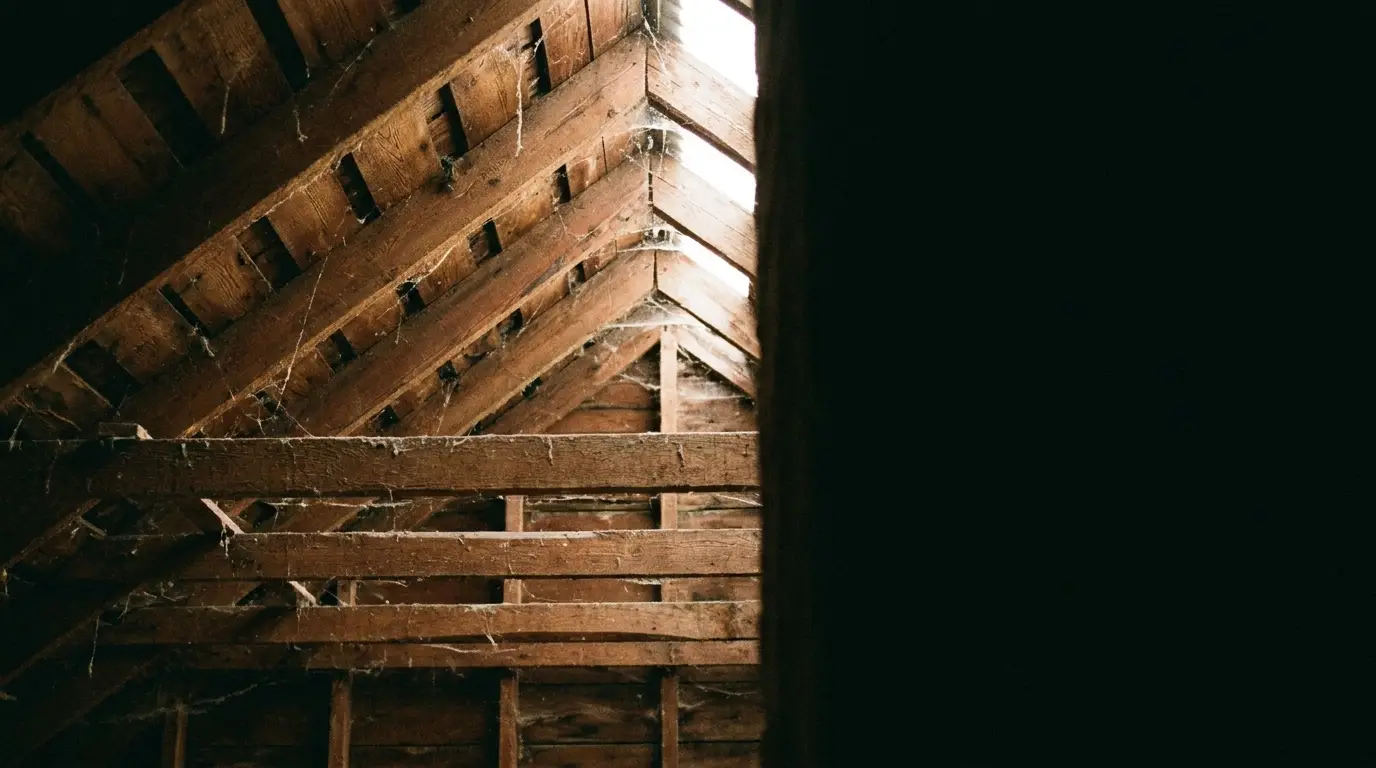 Rustic wooden attic ceiling with exposed beams and cobwebs in natural light