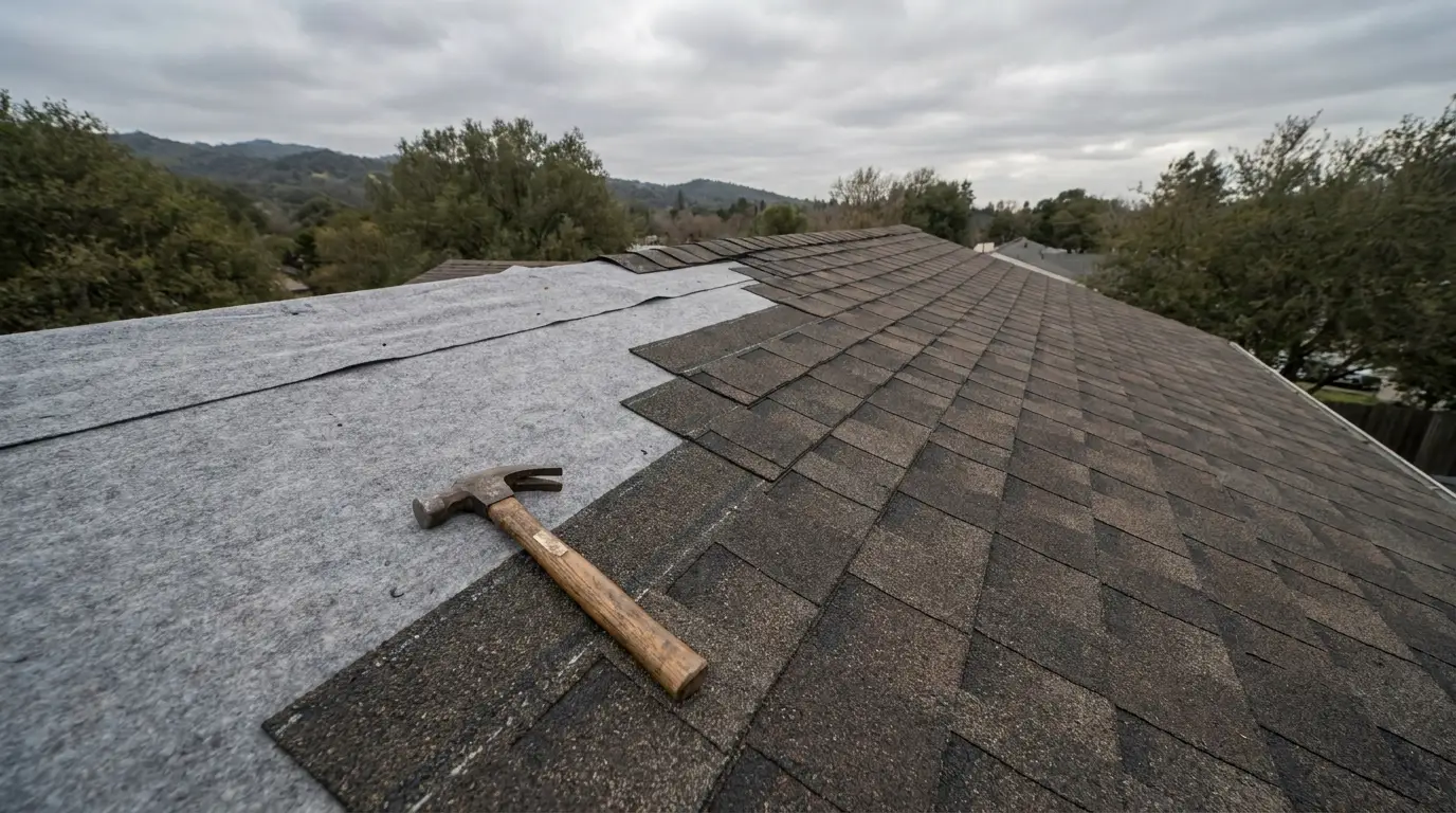 Rooftop with new asphalt shingles partially installed, hammer resting on surface under overcast sky