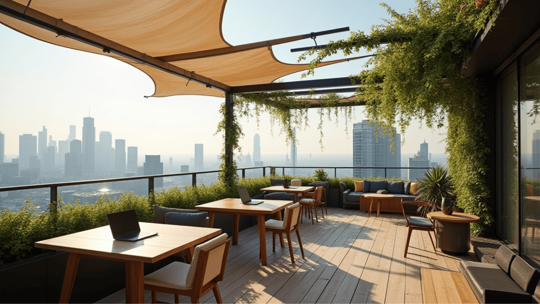 rooftop workspace with shaded canopy, wooden desks, lounge seating, greenery, and panoramic city skyline views