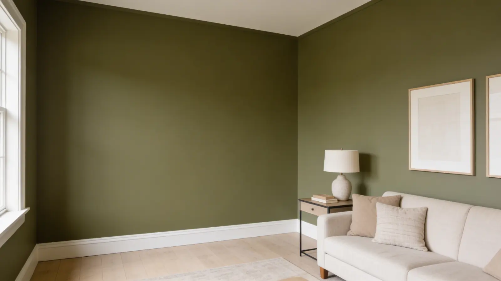 Room with walls painted in dark olive green and minimal neutral furniture