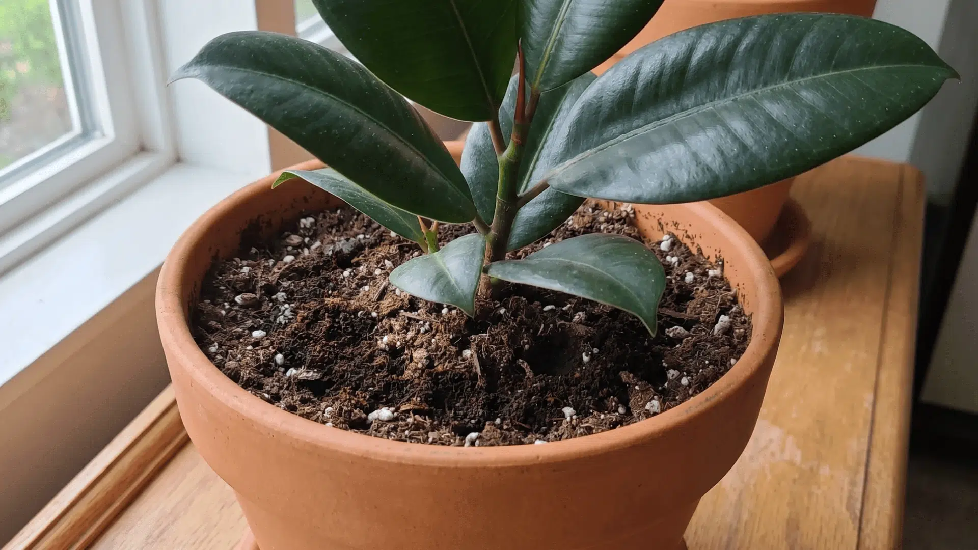 Rubber plant in a pot with a small amount of coffee grounds mixed into the topsoil