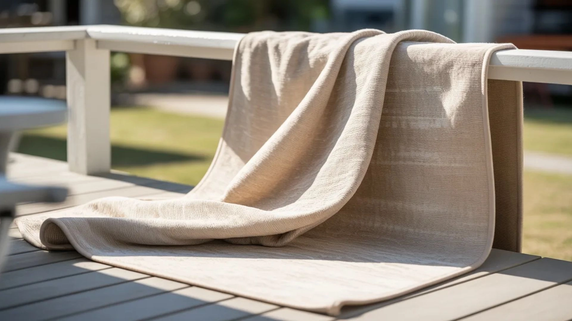 Rug hanging over railing drying in open air