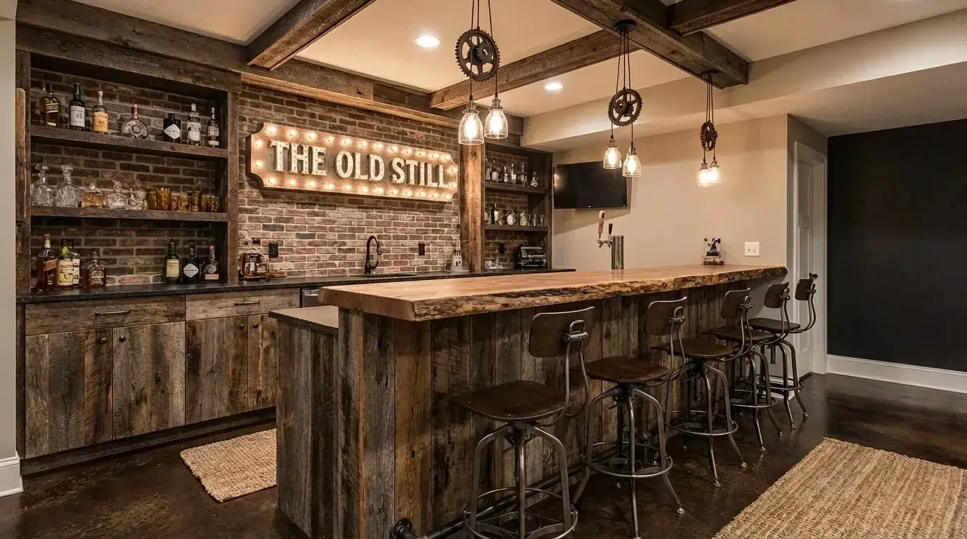 Rustic basement bar with reclaimed wood counter, bar stools, brick wall, and Edison lighting.