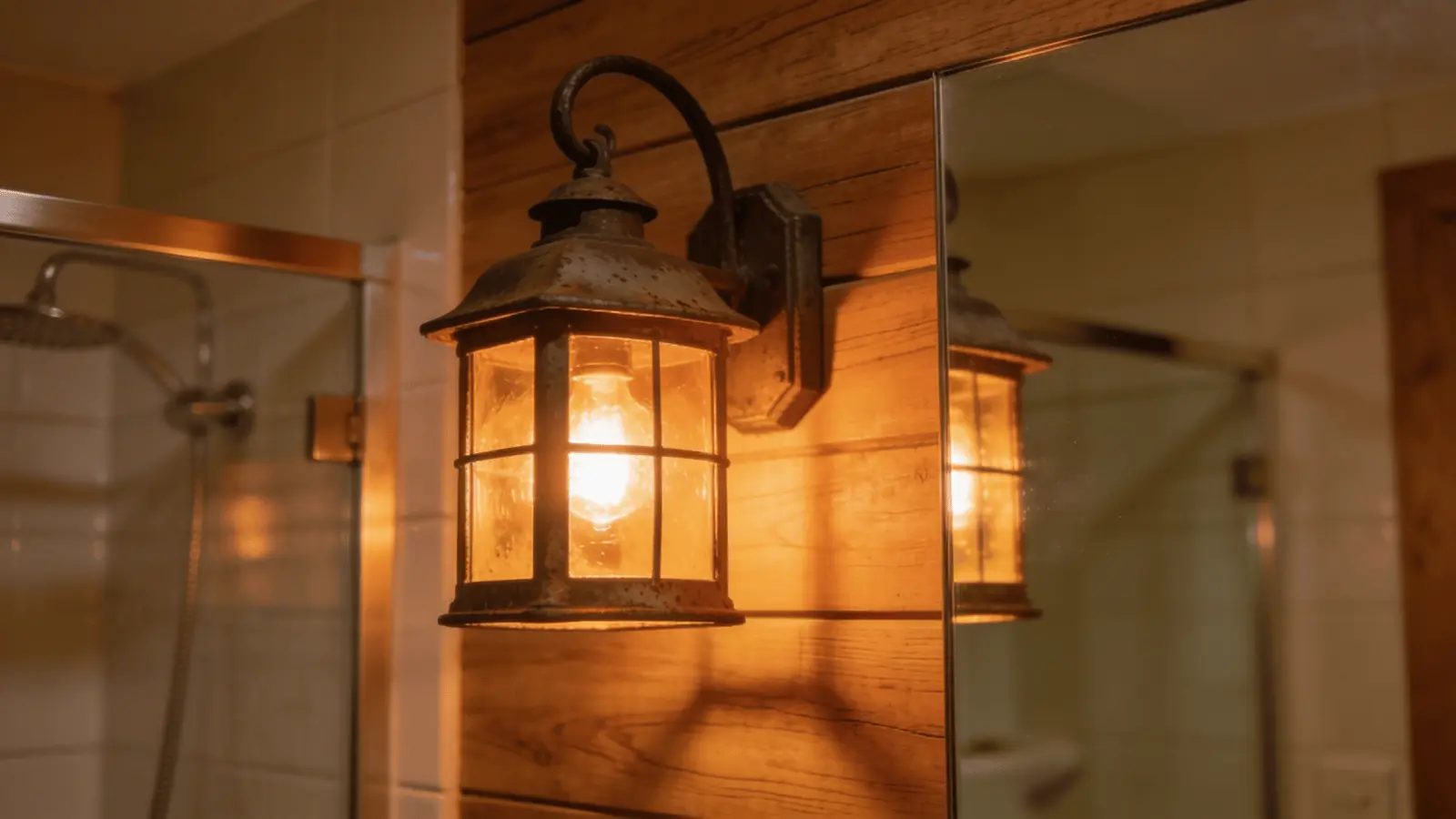 Rustic lantern wall fixture emitting warm amber light mounted on a stone-textured bathroom wall.