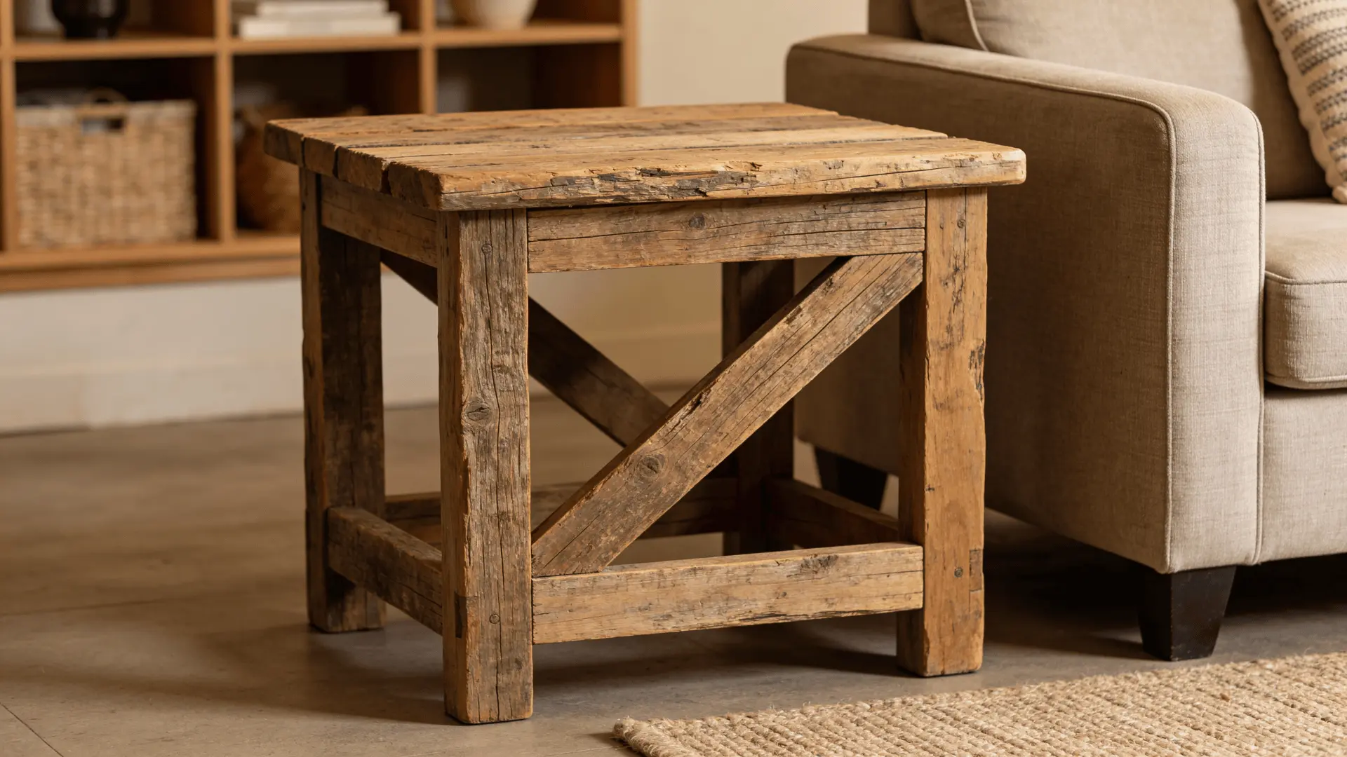 Rustic wooden end table with visible grain and thick boards beside a sofa in a simple living room