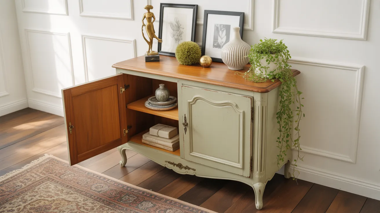 Sage green French provincial cabinet with bronze hardware and natural wood top styled with art prints.
