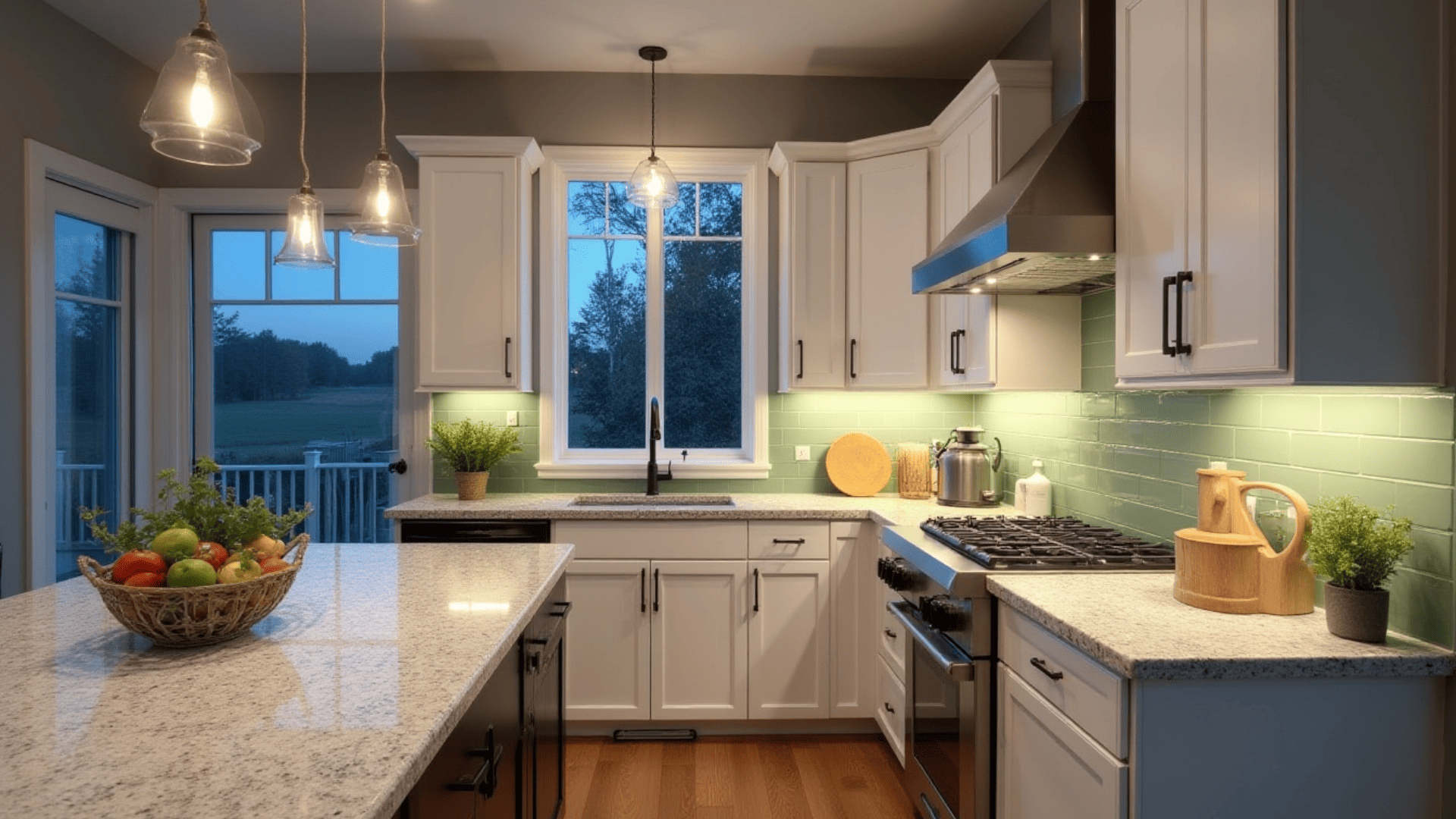 sage green subway tile backsplash adding a nature-inspired accent in a farmhouse kitchen with white cabinets