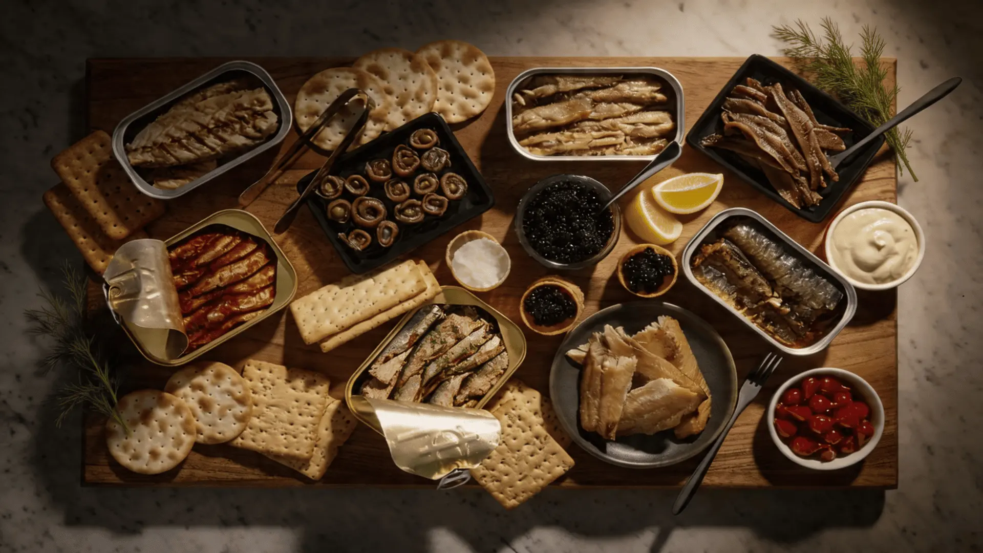 Seacuterie board with tinned sardines, smoked oysters, crackers, capers, and lemon wedges arranged in an elegant and unique seafood spread.