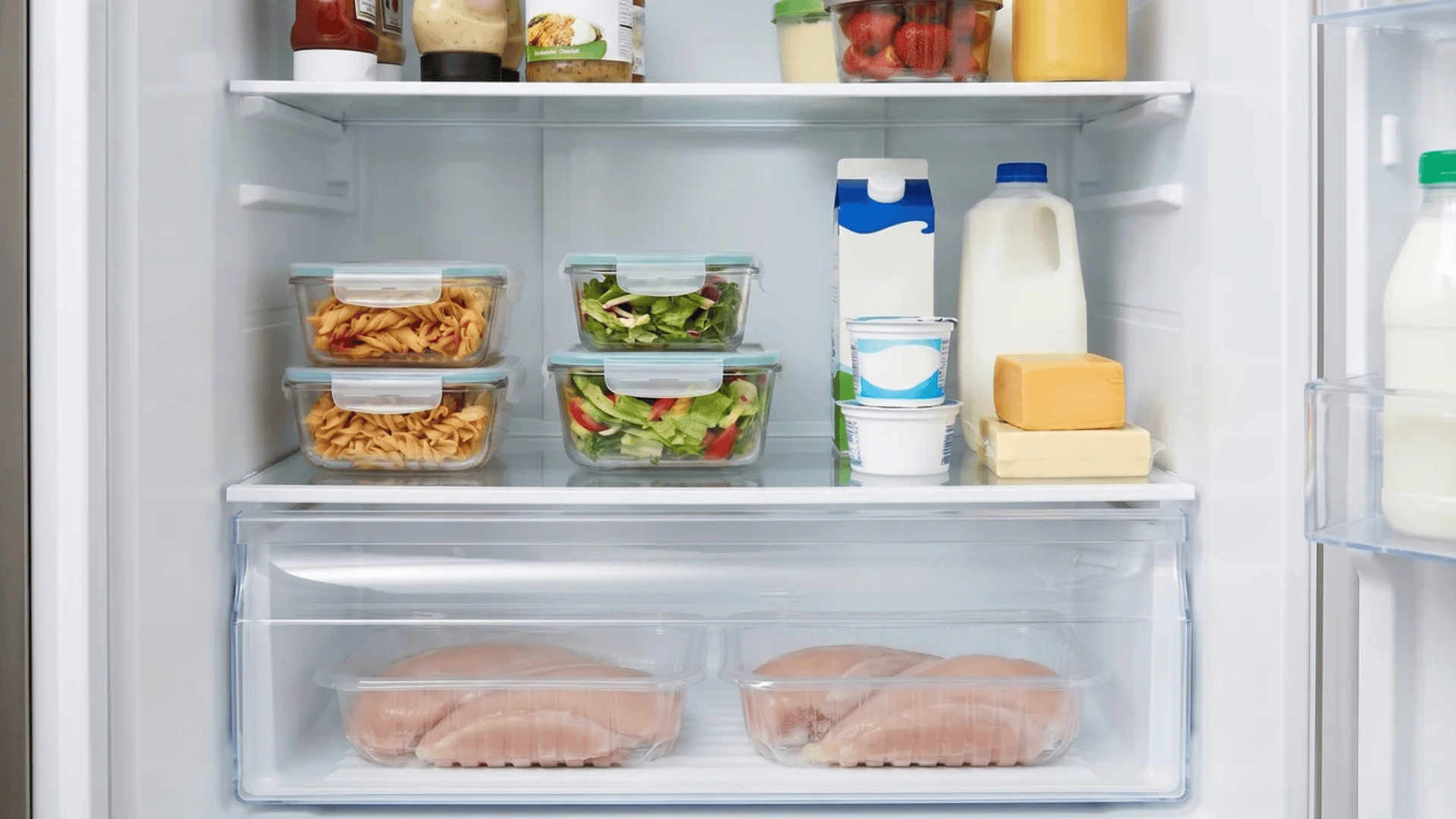 Sealed raw meat on bottom shelf with dairy and leftovers on upper shelves