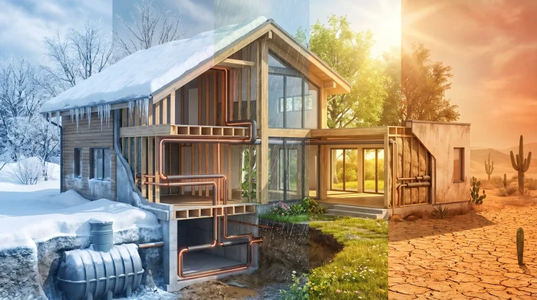 House with exposed pipes in contrasting seasons of winter, spring, and desert landscape