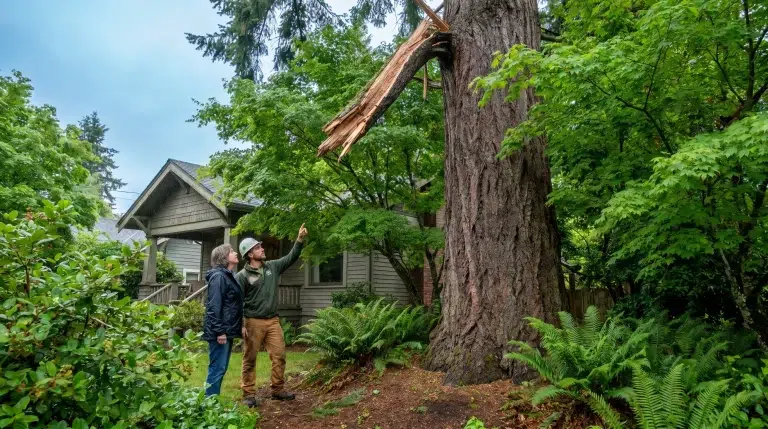 Two people examining broken tree branch in wooded residential yard.