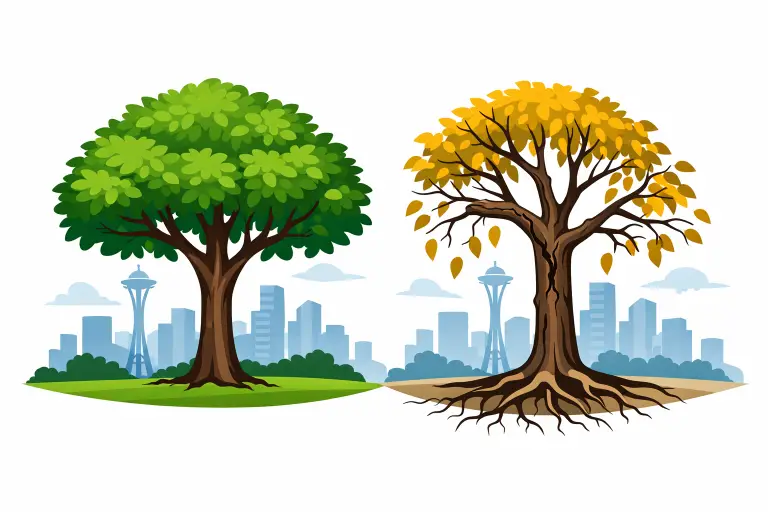 Two trees with green and yellow leaves in front of city skyline and Seattle Space Needle