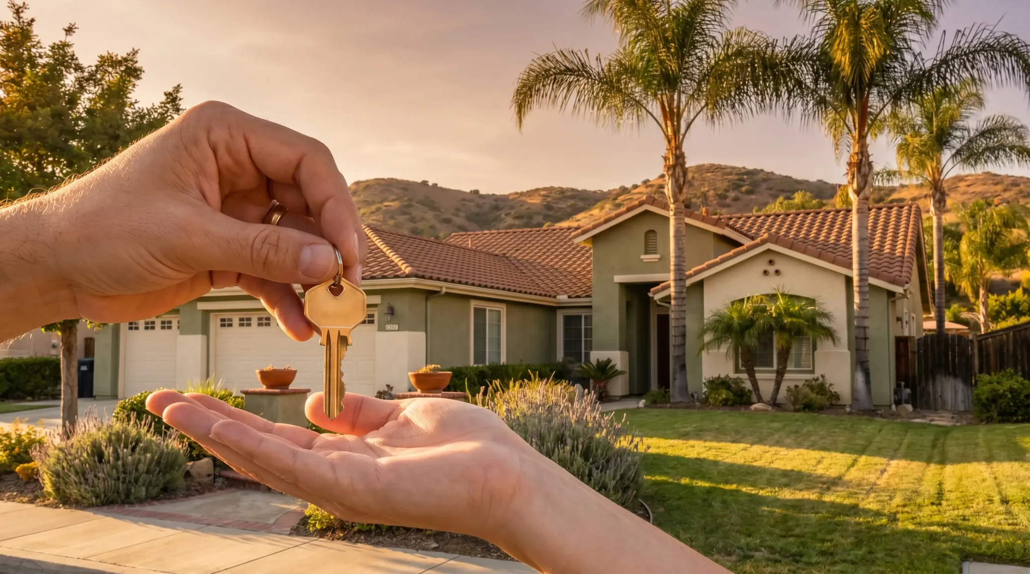 Keys being handed over in front of a suburban house with palm trees and sunset lighting