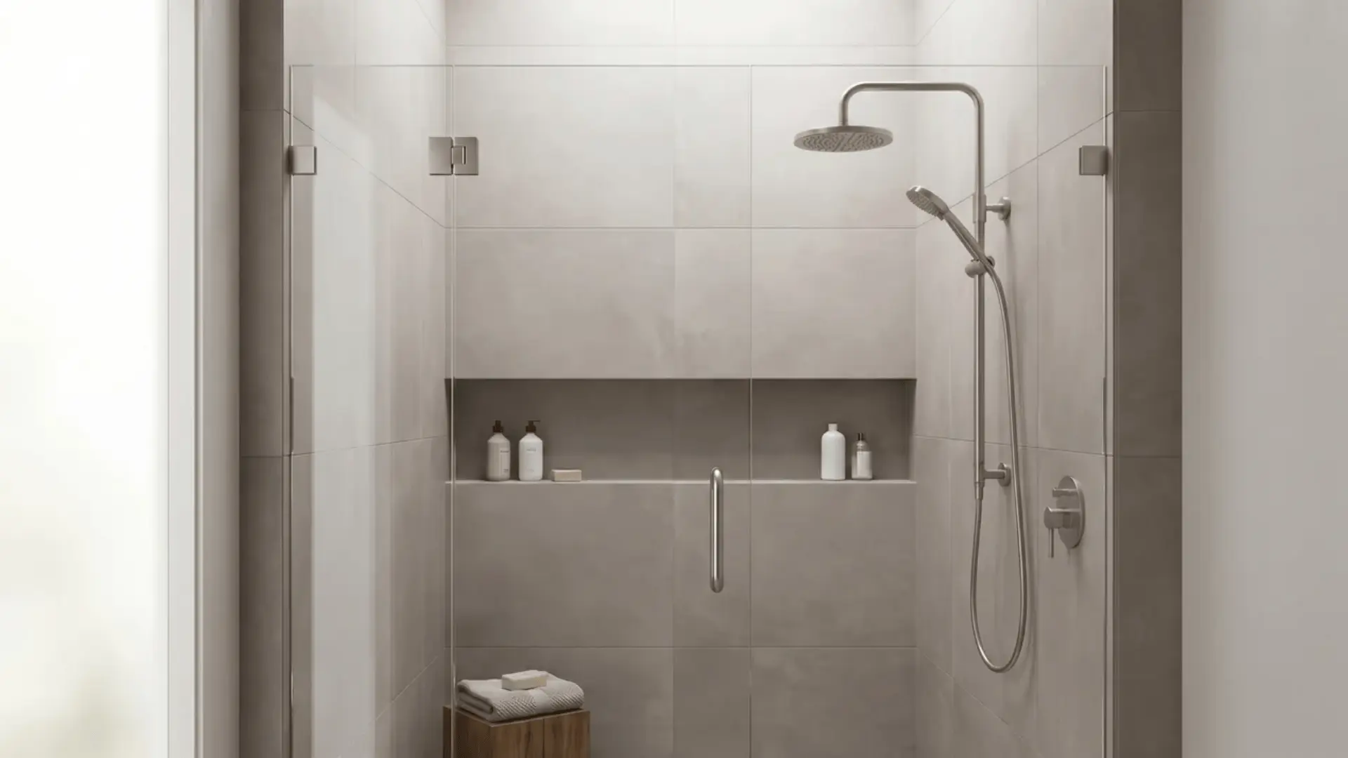 Shower area with glass panel and mounted showerhead