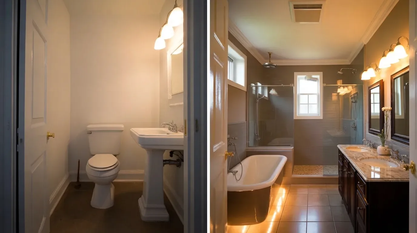 Side by side comparison of a basic half bath and a luxury master bathroom addition