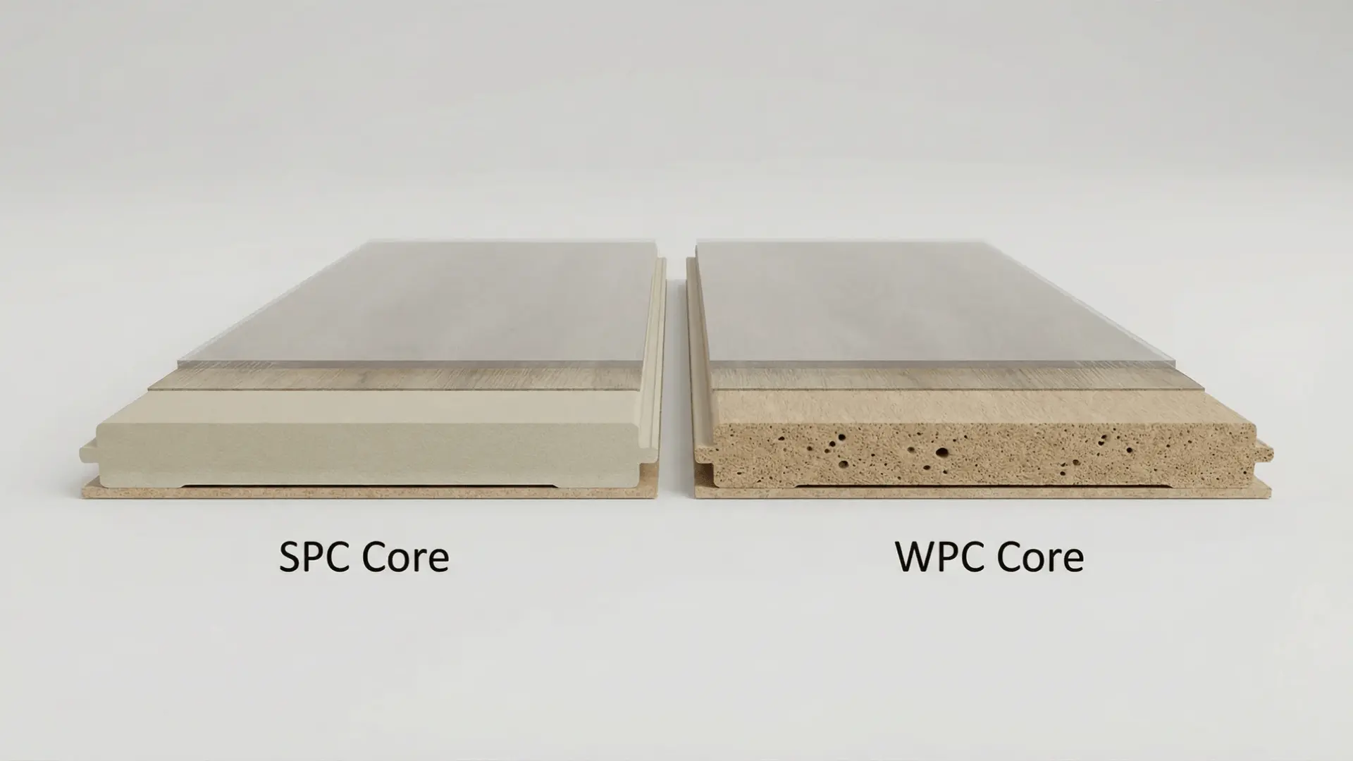 Side-by-side cross-section of SPC and WPC cores in LVT flooring