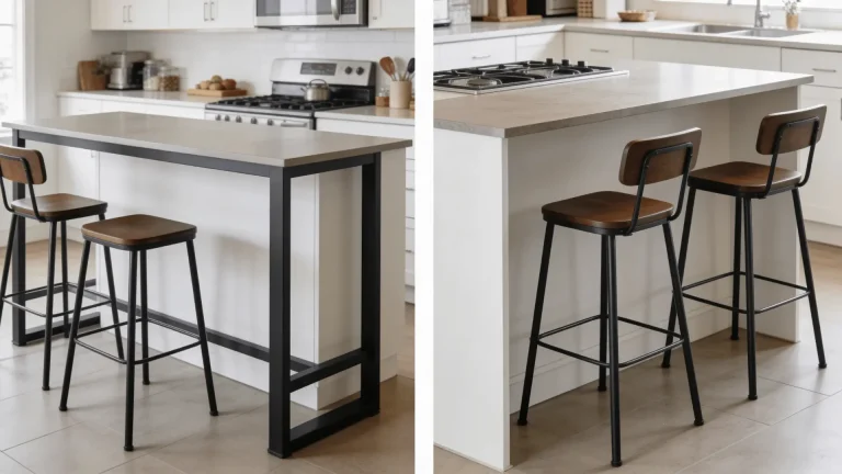Side by side kitchen island with counter height and bar height surfaces and matching stools showing height difference