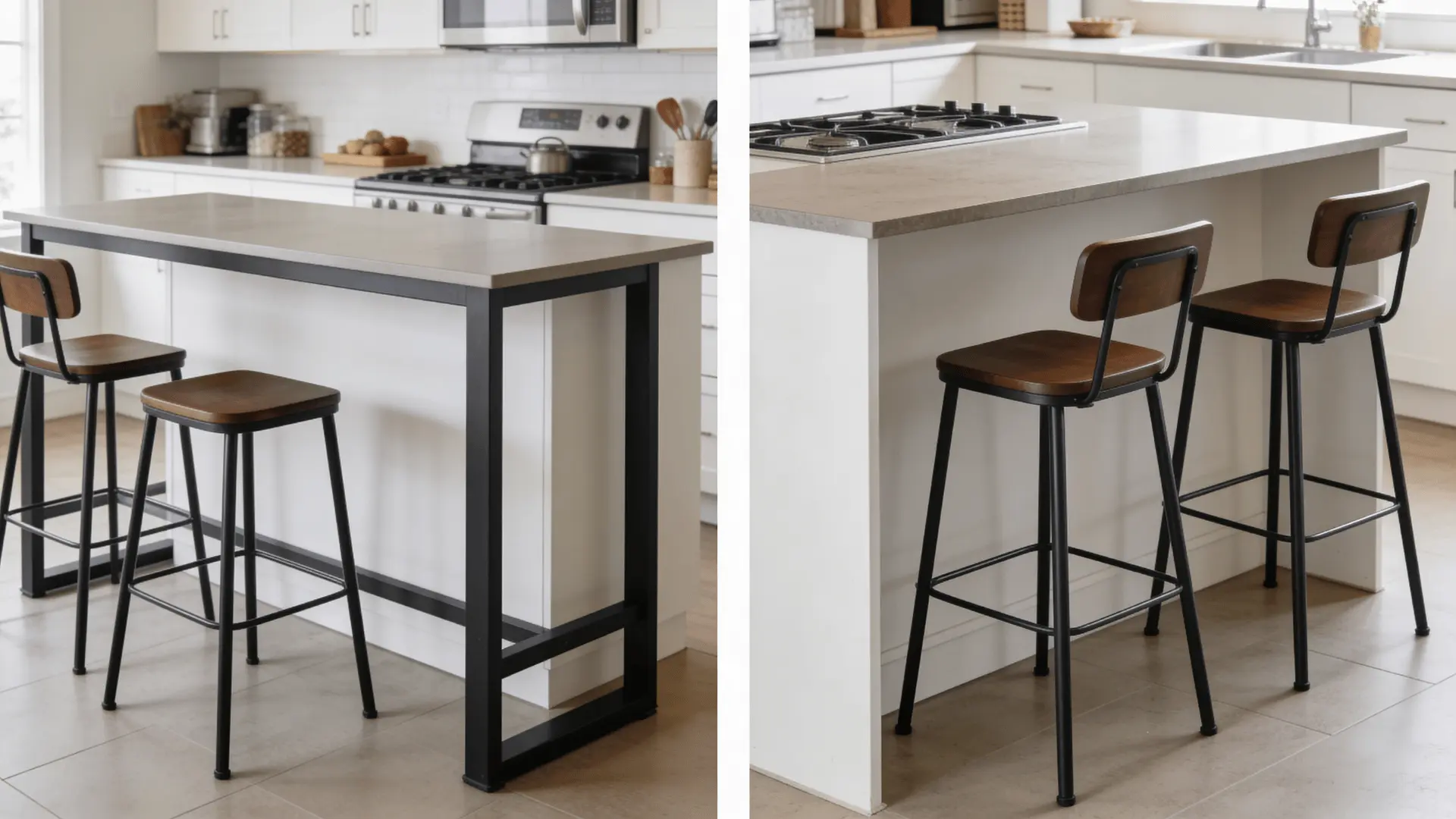 Side by side kitchen island with counter height and bar height surfaces and matching stools showing height difference