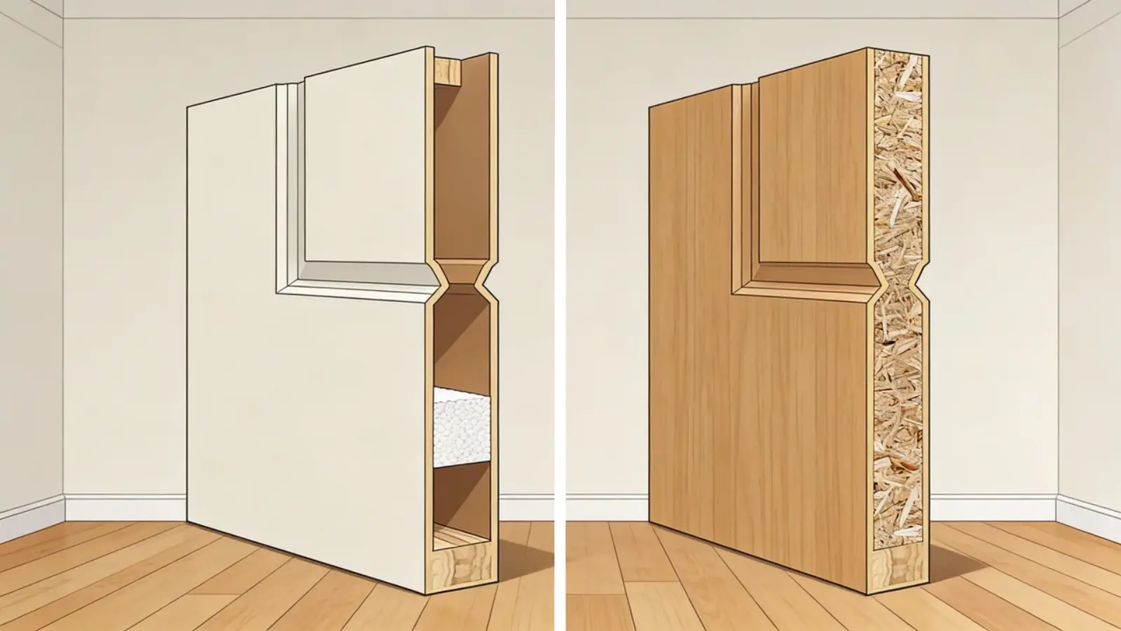 side-by-side view of hollow core and solid wood door cross sections
