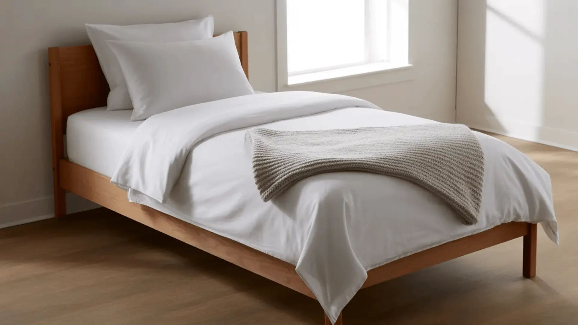 Simple bedroom with wooden bed, white bedding, and soft natural light