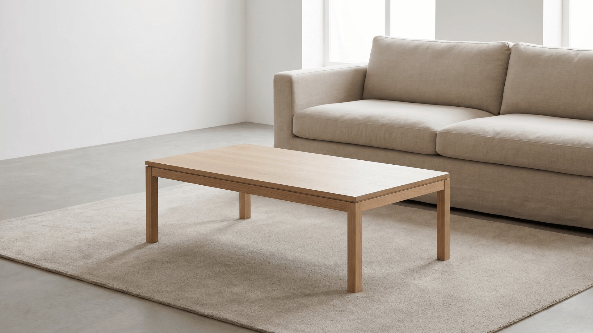 Simple coffee table with flat surface in front of a sofa
