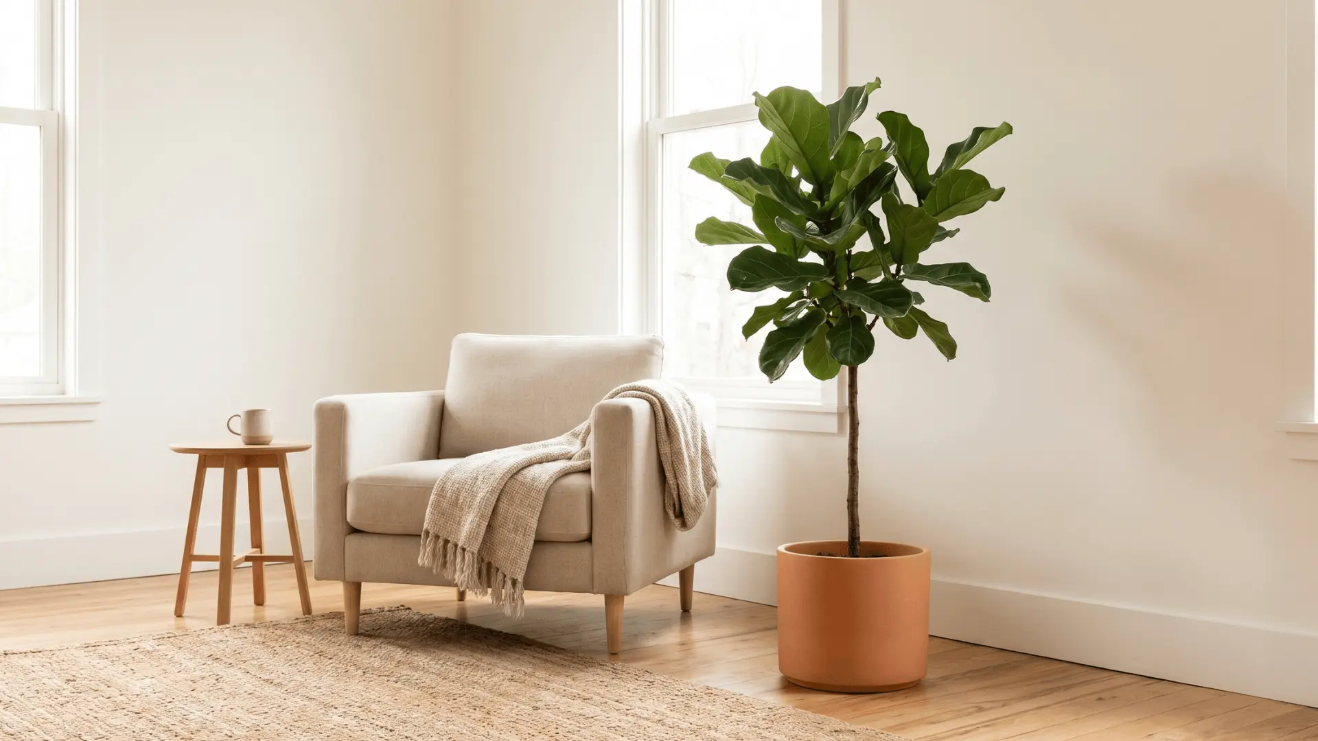 Single indoor plant placed in a minimal living room