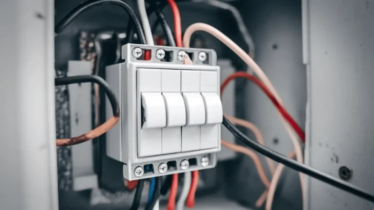 Single-pole light switch wired with black, white, red, and ground wires inside a wall electrical box