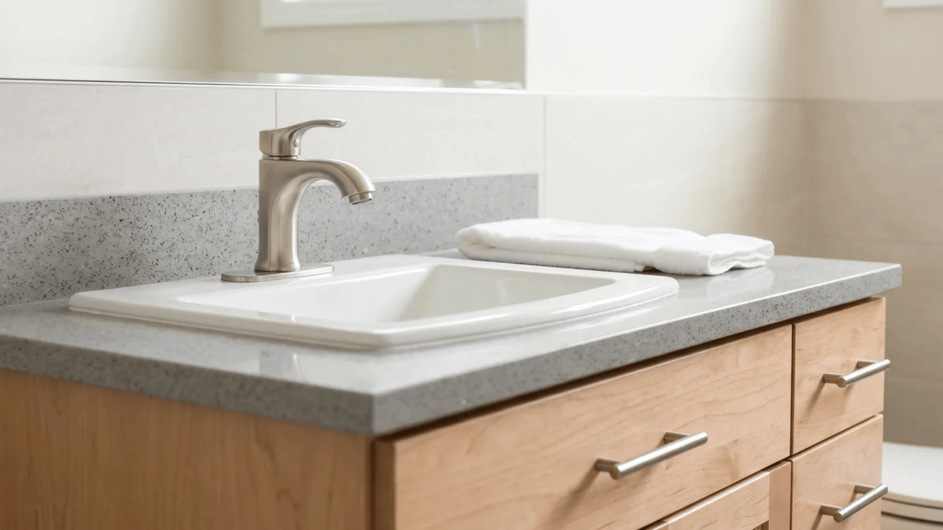 Sink with modern faucet and matching cabinet handles
