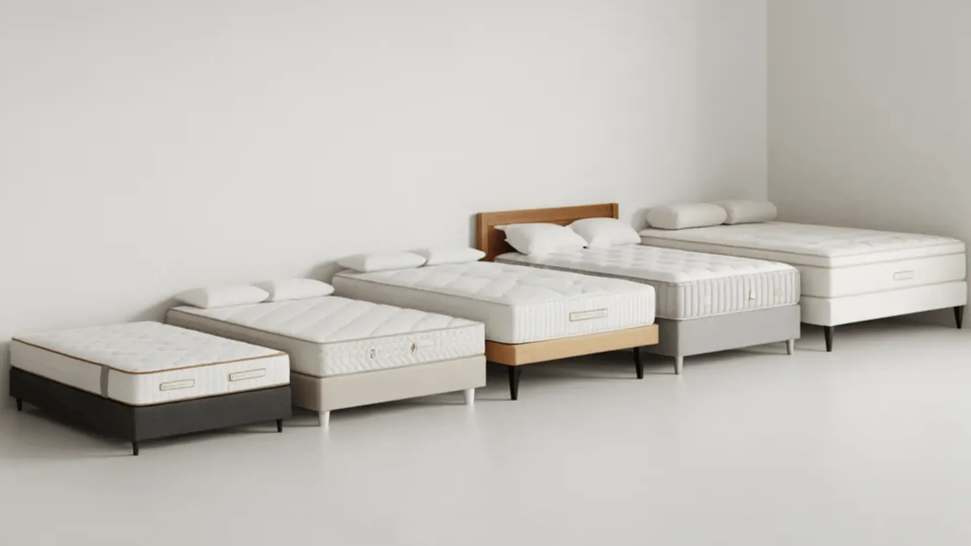 Six mattresses arranged side by side from smallest to largest on a neutral background.