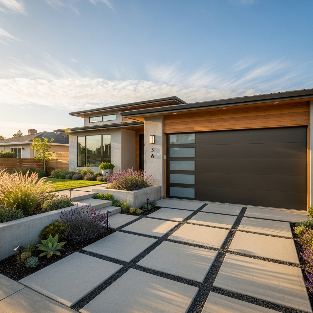 Sleek garage door on suburban home