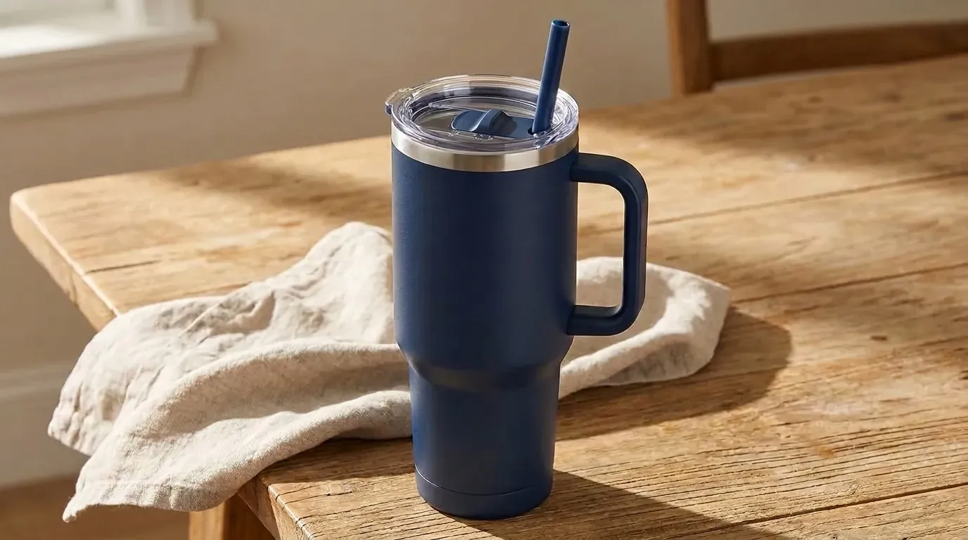 Sleek stainless steel insulated tumbler on a wooden table in warm morning light.