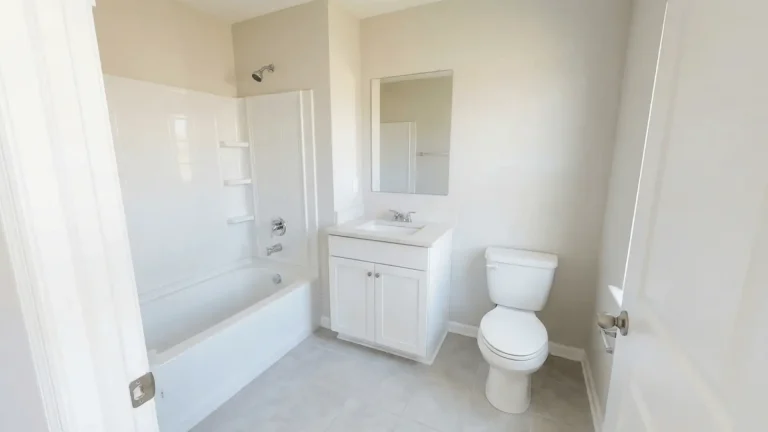 Small 5x8 residential bathroom with tub on left wall, vanity centered, and toilet on right wall.