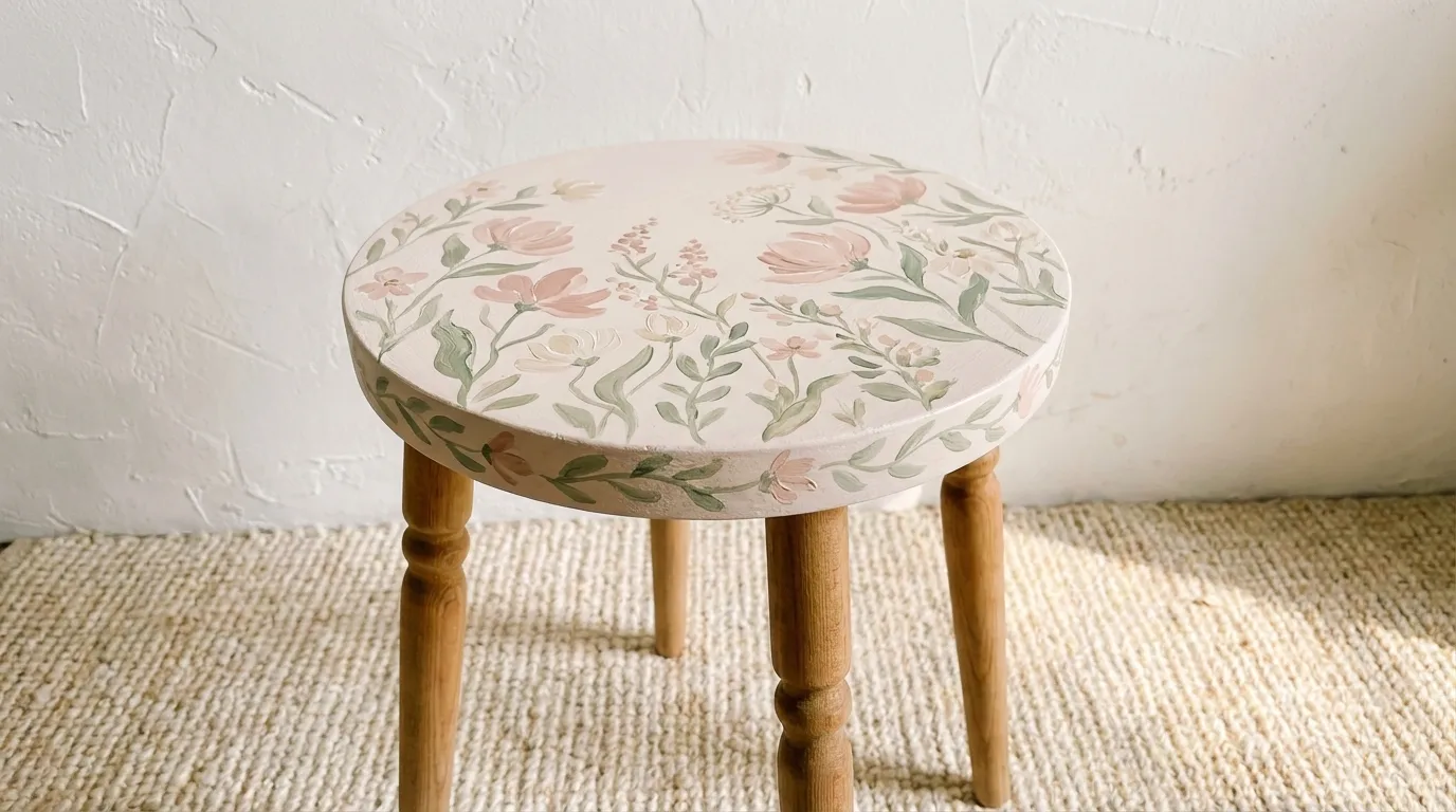 Small accent stool with hand-painted floral botanical design in blush pink and sage green.