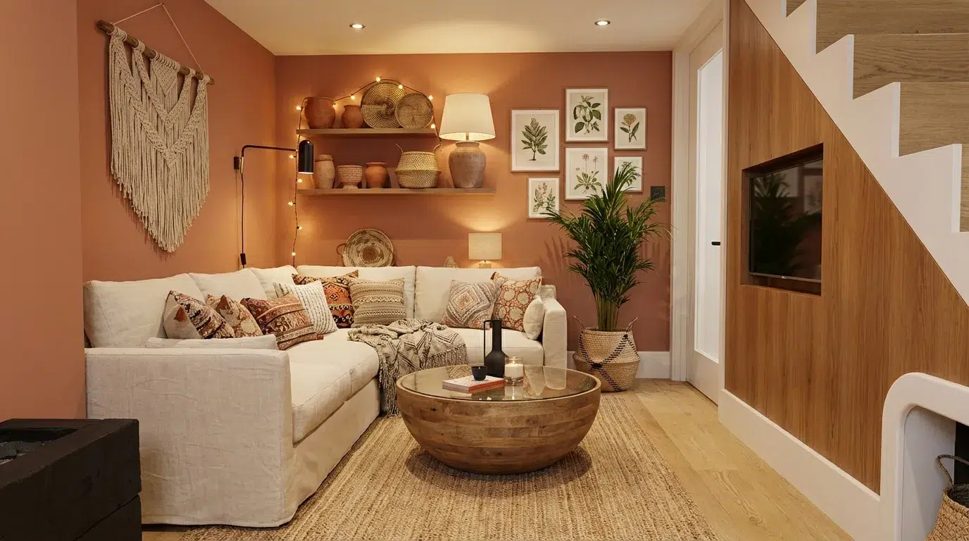 Small basement layout with boho decor, white sectional, warm terracotta walls, and under-stair TV