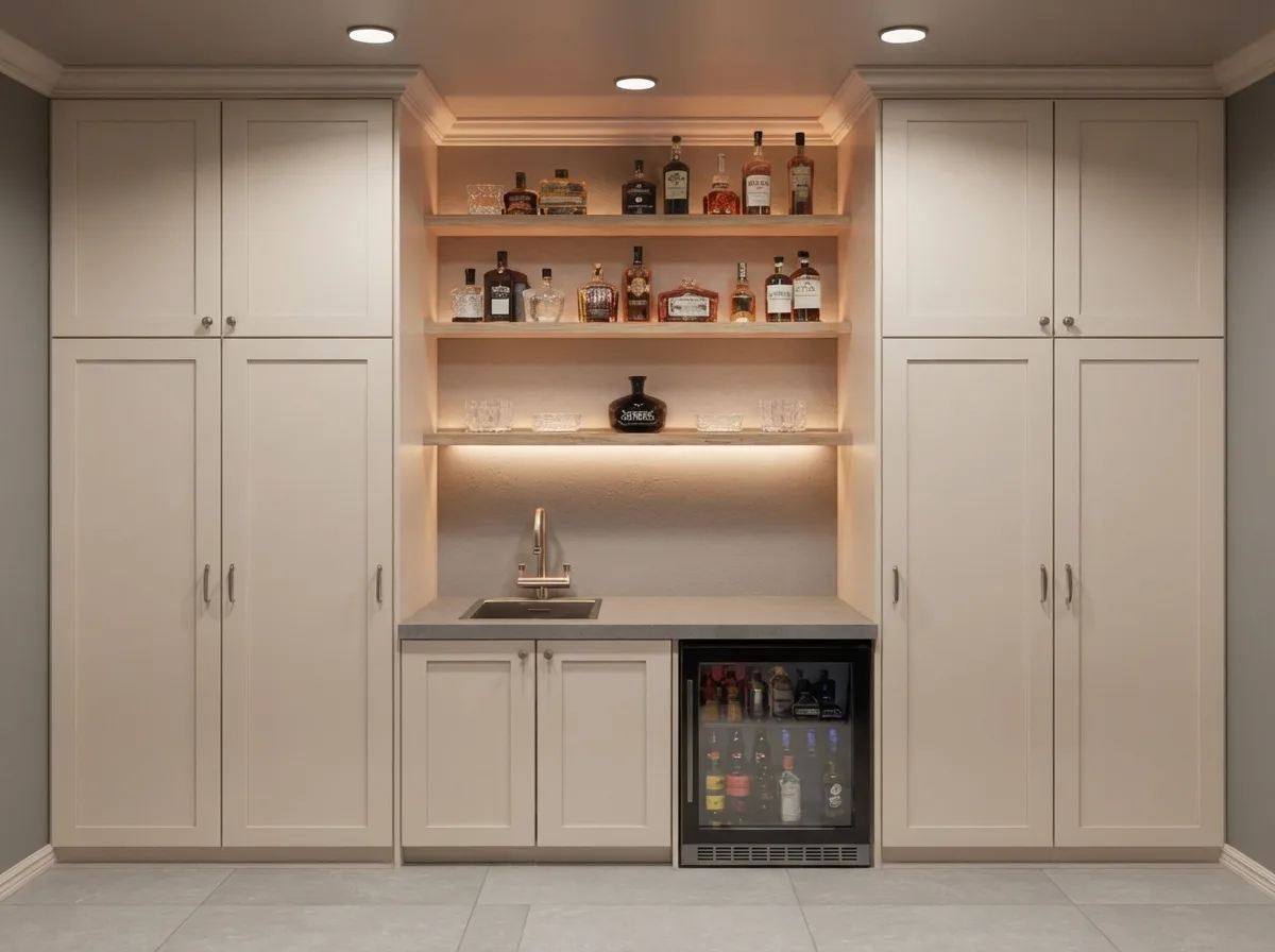 Small basement wet bar with vertical cabinets, open shelves, and under-counter mini fridge