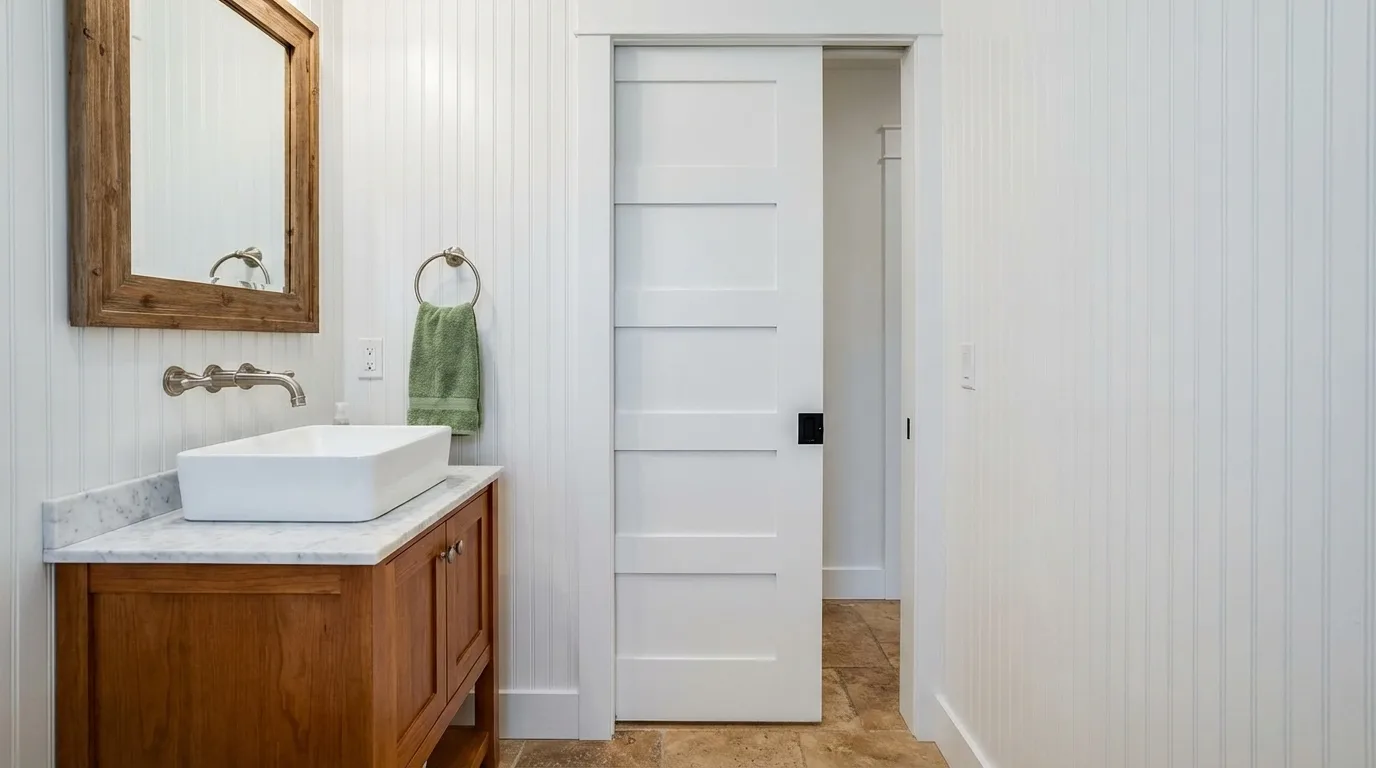 Small bathroom with a white pocket door, wood vanity, vessel sink, and beadboard walls.