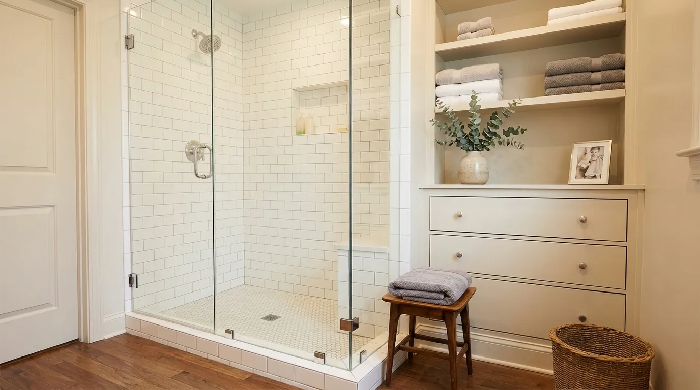 Small bathroom with built-in shelves, folded towels, dresser, and glass shower.